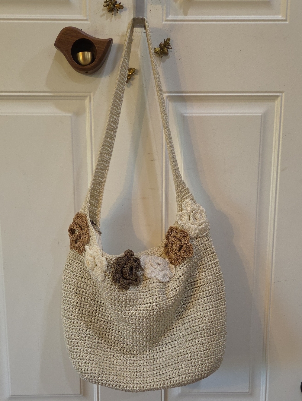 Cream Crochet Shoulder Bag with Floral Accents